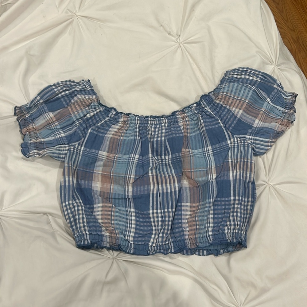 American Eagle Plaid Off Shoulder Cropped Blue Cotton Linen Puff Sleeve Top